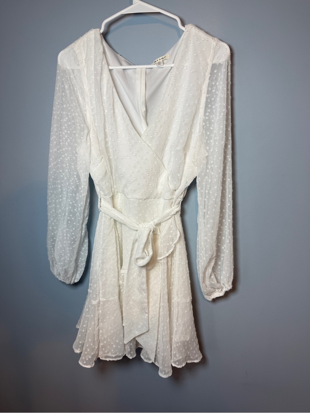 miami White Swiss Dot Wrap Mini Dress with Long Sleeves